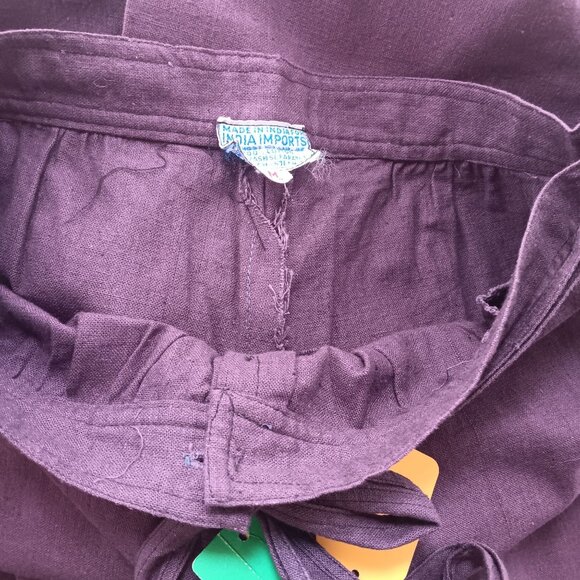 Medium 13-14 Vintage 1970's Ture Boho Wide-Leg Purple Linen Pants Belt Tie India - Picture 7 of 8